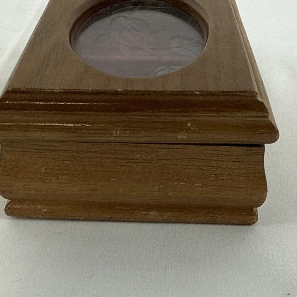 Vintage Small Wooden Jewelry Box Etched Flower Design Oval Glass Top Pink Velvet